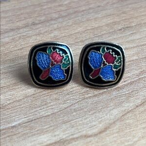 Vintage cloisonné Floral Gold and Blue Earrings